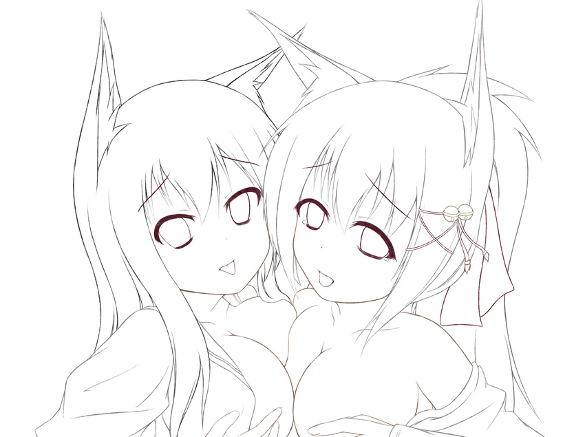 2girls 3 absurdres animal_ears breast_press breasts female fox_ears fox_tail highres kazamatsuri_kazari kokuko_ryouka kuroko_mukuhana lineart looking_at_viewer mizuki_(kogetsu-tei) monochrome multiple_girls original symmetrical_docking tail