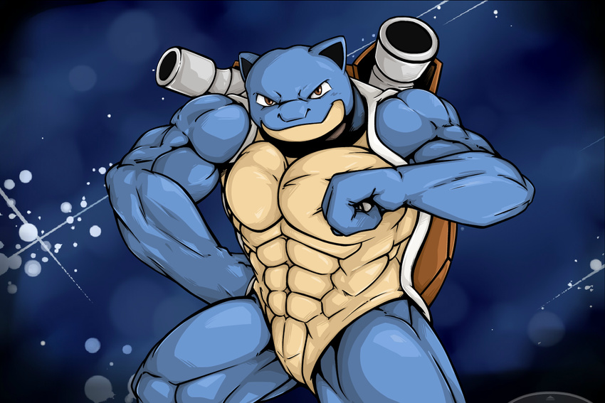 anthro biceps big_muscles blastoise blue_background blue_skin brown_eyes claws looking_at_viewer male muscles nintendo pecs plain_background pok&#233;mon pok&eacute;mon pose reptile scalie smile solo turtle video_games waddledox