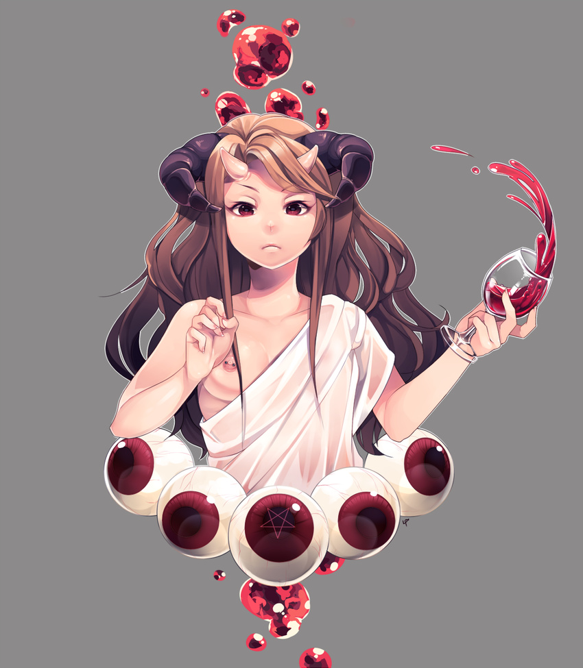 alcohol breast_slip breasts brown_hair cup demon_horns drinking_glass eyeball grey_background highres horns long_hair loyproject monster_girl nipple_bar nipple_piercing nipples one_breast_out original piercing red_eyes sidelocks small_breasts solo spilling toga upper_body wine wine_glass