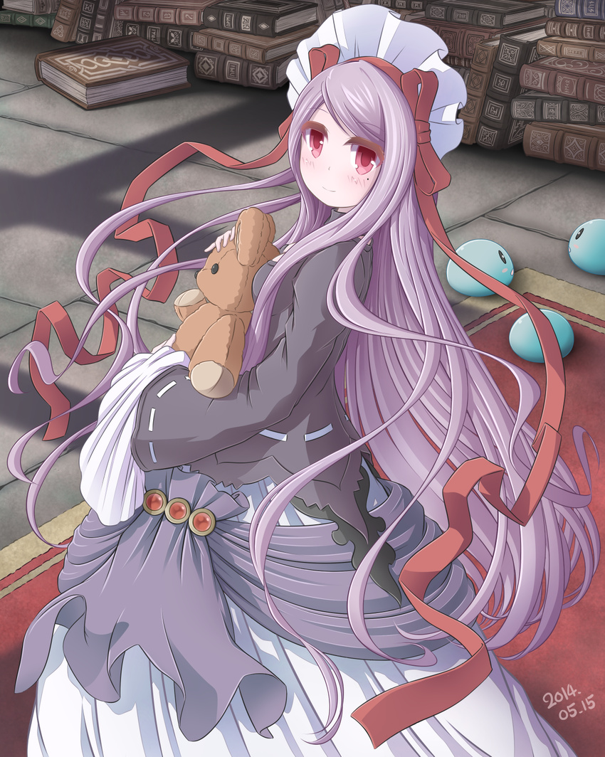 atelier_(series) atelier_iris_grand_phantasm blush book book_stack dated dioptase dress headdress highres library long_hair long_ribbon looking_at_viewer pamela_ibiss puni_(atelier) purple_hair red_eyes ribbon rug smile solo stone_floor stuffed_animal stuffed_toy teddy_bear very_long_hair