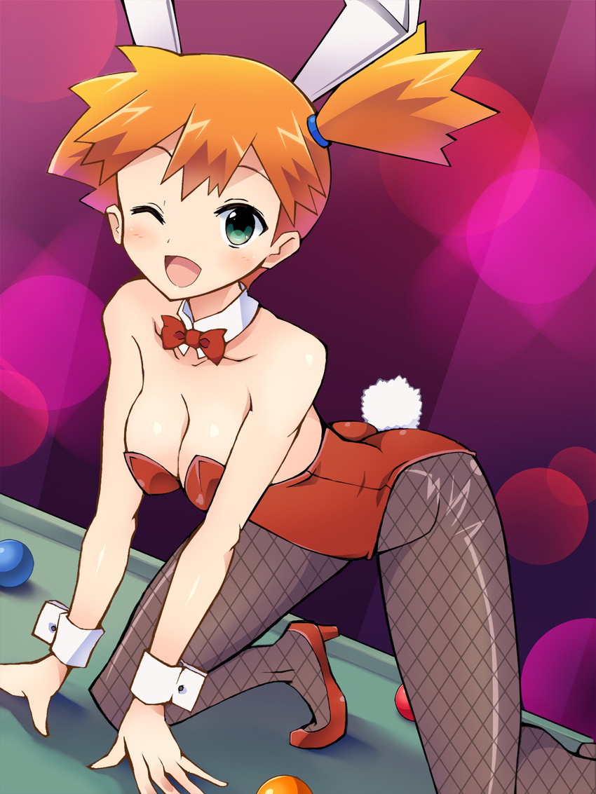 ;d all_fours alternate_costume animal_ears ball bare_shoulders billiards blush bow bowtie breasts bunny_ears bunny_girl bunny_tail bunnysuit chro_(rulurullu) cleavage cue_ball detached_collar fishnet_pantyhose fishnets green_eyes high_heels highres indoors kasumi_(pokemon) looking_at_viewer medium_breasts one_eye_closed open_mouth orange_hair pantyhose pokemon pokemon_(anime) pool_table short_hair side_ponytail smile solo tail unmoving_pattern wrist_cuffs