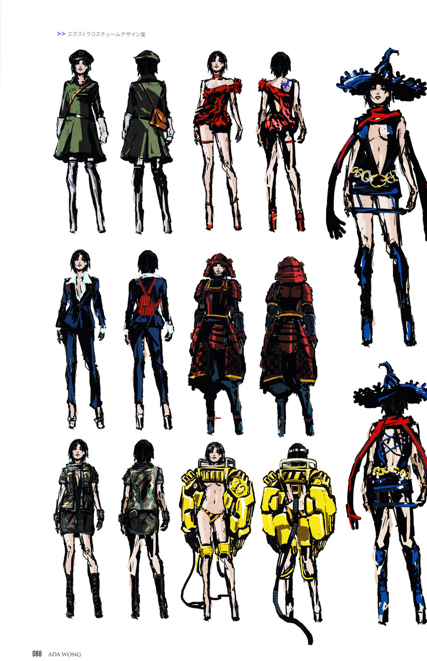 ada_wong alternate_costume armor black_hair breasts cleavage concept_art dress hat high_heels japanese_armor long_boots mechanical_arm military military_uniform miniskirt office_lady official_art red_dress red_scarf resident_evil resident_evil_6 robot_arms samurai samurai_armor scarf short_hair skirt uniform variations witch witch_hat