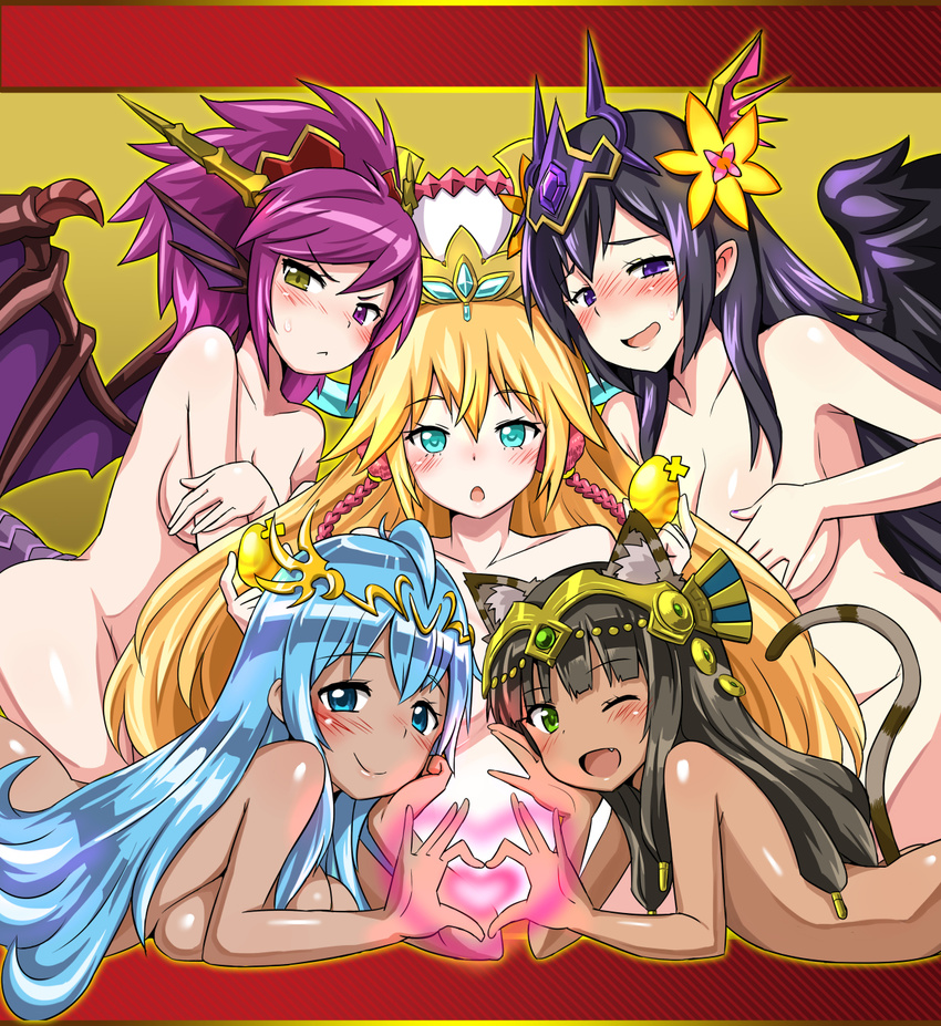 ;) andromeda_(p&amp;d) animal_ears aqua_eyes bastet_(p&amp;d) black_wings blonde_hair blue_eyes blue_hair blush breasts cat_ears cat_tail cover cover_page covering covering_breasts dark_skin demon_girl demon_wings doujin_cover egg fang feathered_wings flat_chest forehead_jewel forehead_protector gold_egg_(p&amp;d) green_eyes head_fins headgear heart heart_hands heart_hands_duo heterochromia highres large_breasts long_hair multiple_girls nude one_eye_closed persephone_(p&amp;d) purple_eyes purple_hair puzzle_&amp;_dragons sakuya_(p&amp;d) smile sonia_(p&amp;d) tail tiara wings yellow_eyes zaxwu