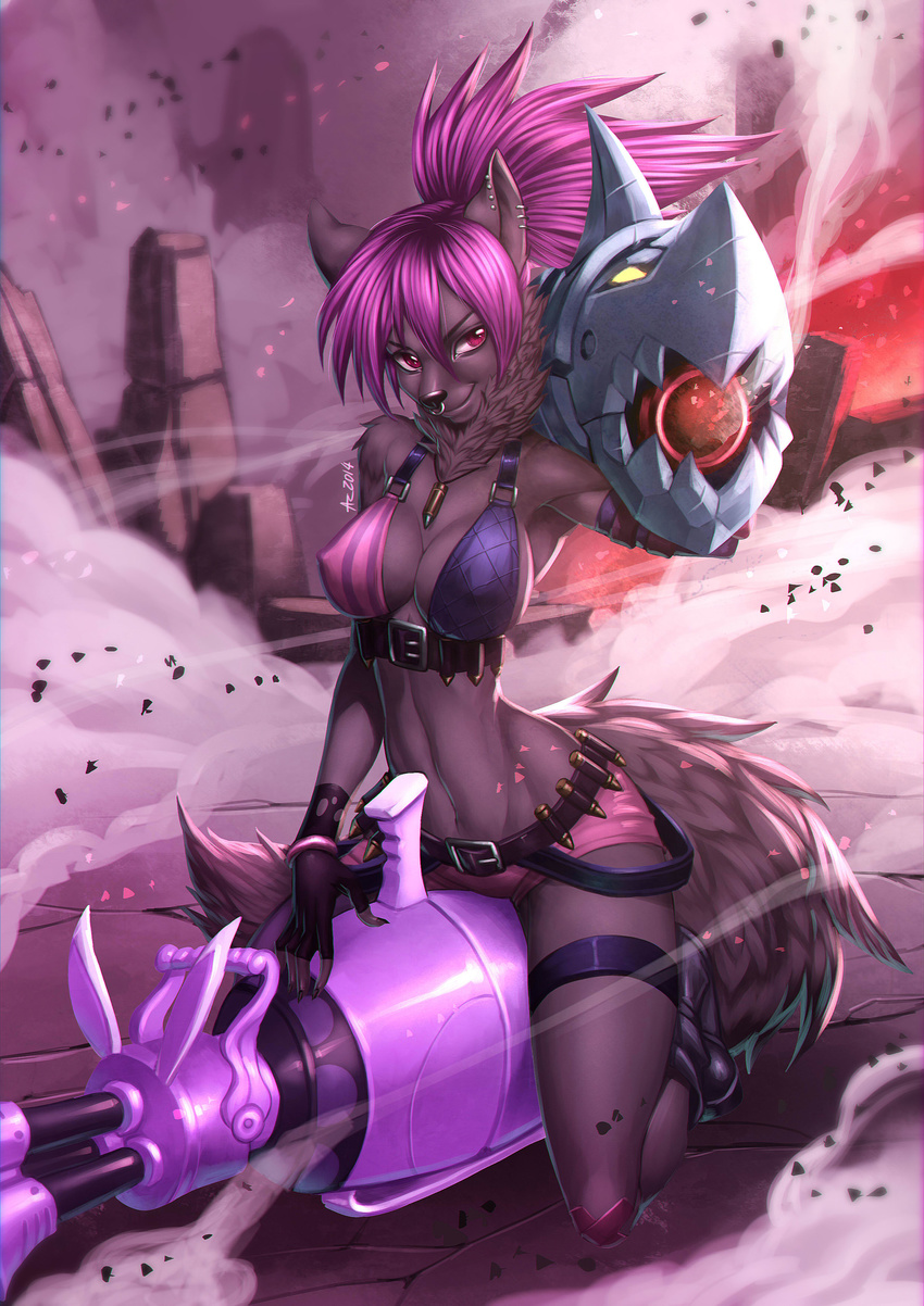 alanscampos belt black_nose boots breasts chest_tuft claws cleavage clothed clothing ear_piercing facial_piercing female fingerless_gloves fur gloves grey_fur hair hi_res jinx league_of_legends long_hair looking_at_viewer navel necklace nose_piercing nose_ring outside piercing pink_hair red_eyes rock septum_piercing shorts sitting skimpy smile solo tuft unknown_species weapon