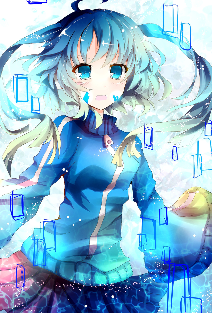 ahoge azumamutuki bad_id bad_pixiv_id blue_eyes blue_hair ene_(kagerou_project) facial_mark highres jacket kagerou_project long_hair looking_at_viewer open_mouth pleated_skirt sketch skirt sleeves_past_wrists solo track_jacket twintails