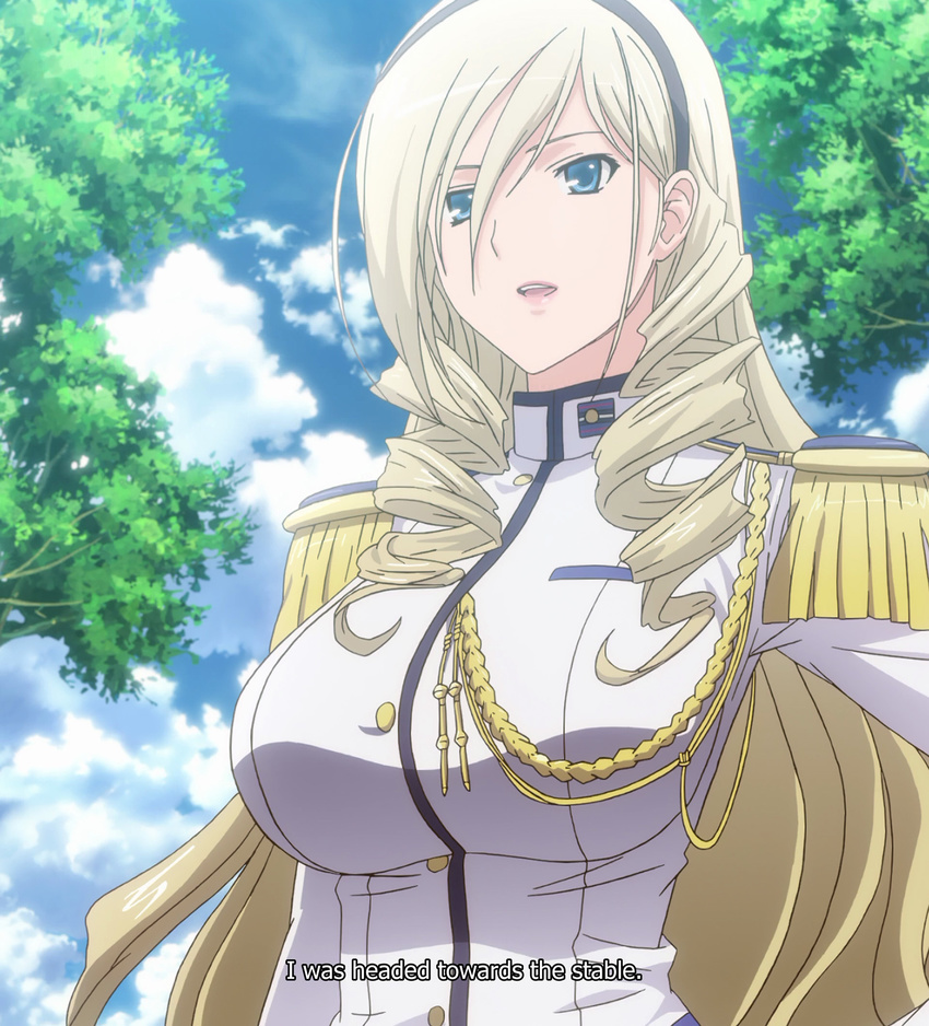 1girl blonde_hair blue_eyes breasts celia_kumani_entory highres large_breasts long_hair open_mouth school_uniform screencap sky solo standing stitched summer tree walkure_romanze