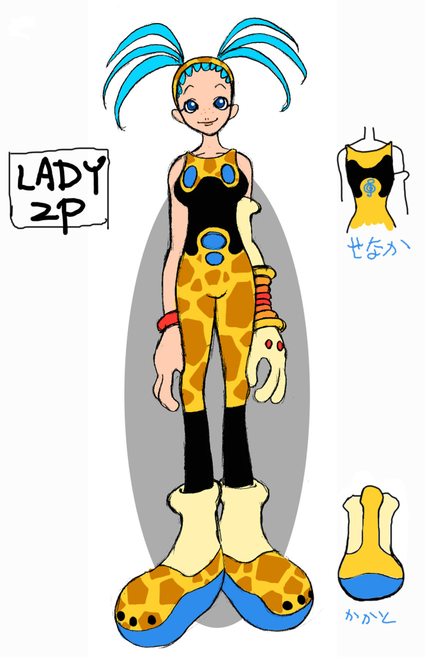 1girl 2000s_(style) aged_up alternate_body_size alternate_costume animal_print ankle_socks aqua_hair arm_at_side black_bodysuit black_pants blue_pupils bodysuit bodysuit_under_clothes bracelet breasts buttons character_profile collarbone concept_art cool_cool_toon elbow_gloves english_text eyelashes freckles giraffe_print gloves gyoubu_ippei hairband highres jewelry knees_apart_feet_together large_breasts large_feet large_hands legs_apart lips long_arms long_legs looking_up musical_note musical_note_print official_alternate_body_size official_alternate_costume official_art open_hands oval oval_background pants pink_lips print_footwear print_hairband print_pants reference_sheet simple_background single_elbow_glove single_glove sketch sleeveless sleeveless_bodysuit snk socks solo spica_(cool_cool_toon) straight-on tall_female third-party_source toon_(style) translation_request treble_clef twintails two-tone_background two-tone_footwear two-tone_hairband two-tone_pants updo white_background yellow_gloves yellow_socks