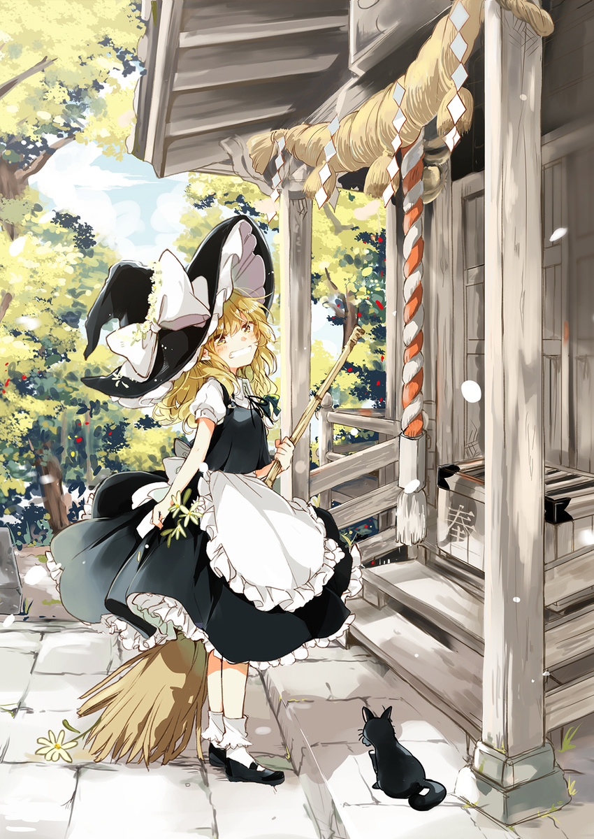 apron black_dress blonde_hair blue_sky bow box braid broom cat cloud day donation_box dress grin hakurei_shrine hat hat_bow highres kirisame_marisa looking_at_viewer md5_mismatch messy_hair poprication puffy_short_sleeves puffy_sleeves rope shimenawa shirt short_sleeves shrine_bell single_braid sky smile solo touhou tree waist_apron wavy_hair witch_hat yellow_eyes