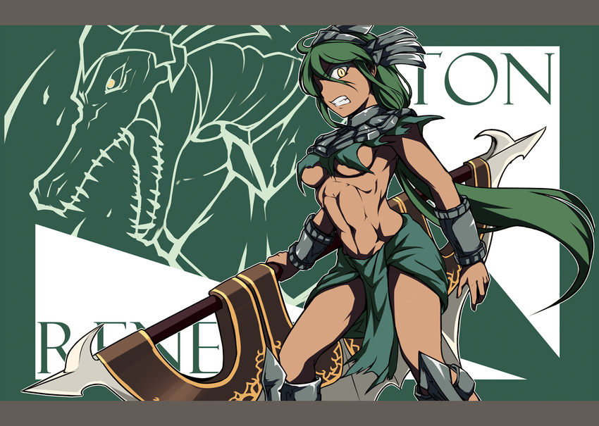 abs breasts fang genderswap genderswap_(mtf) green_hair headgear highres league_of_legends loincloth long_hair looking_at_viewer medium_breasts midriff nam_(valckiry) ponytail renekton solo torn_clothes underboob weapon wrist_guards yellow_eyes