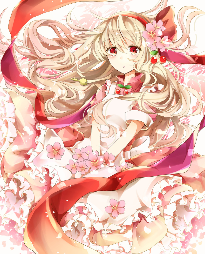 absurdres azumamutuki bad_id bad_pixiv_id blonde_hair cherry cherry_blossoms flower food frilled_skirt frills fruit hair_flower hair_ornament hairband highres jewelry kagerou_project key kozakura_marry long_hair looking_at_viewer parted_lips pendant red_eyes shawl skirt solo wind