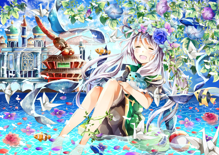 azumamutuki bad_id bad_pixiv_id bare_legs bird bug closed_eyes clownfish dragonfly flower highres in_water insect long_hair looking_at_viewer open_mouth origami original paper_crane petals silver_hair smile solo tears wind