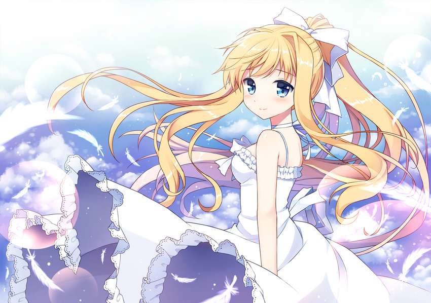 air bare_shoulders blonde_hair blue_eyes blush bow choker dress feathers frills hair_bow hair_ornament hair_ribbon kamio_misuzu light_particles long_hair looking_at_viewer mauve ponytail ribbon ribbon_choker smile solo sundress tears very_long_hair white_dress wind