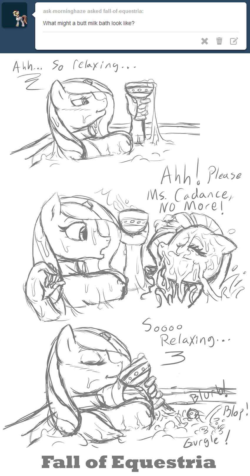 2014 anthro anthrofied breasts collar cum cum_bath cum_drinking cum_in_mouth cum_inside dialog duo english_text equine eyes_closed fall_of_equestria female friendship_is_magic goblet hair horn mammal monochrome my_little_pony nipples nude poprocks princess_cadance_(mlp) rarity_(mlp) severed_horn sketch slave surprise text tumblr unicorn winged_unicorn wings