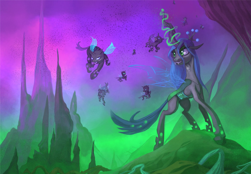 bigger_version_at_the_source changeling envidia14 female feral friendship_is_magic green_eyes green_hair group hair hi_res my_little_pony queen_chrysalis_(mlp) smile