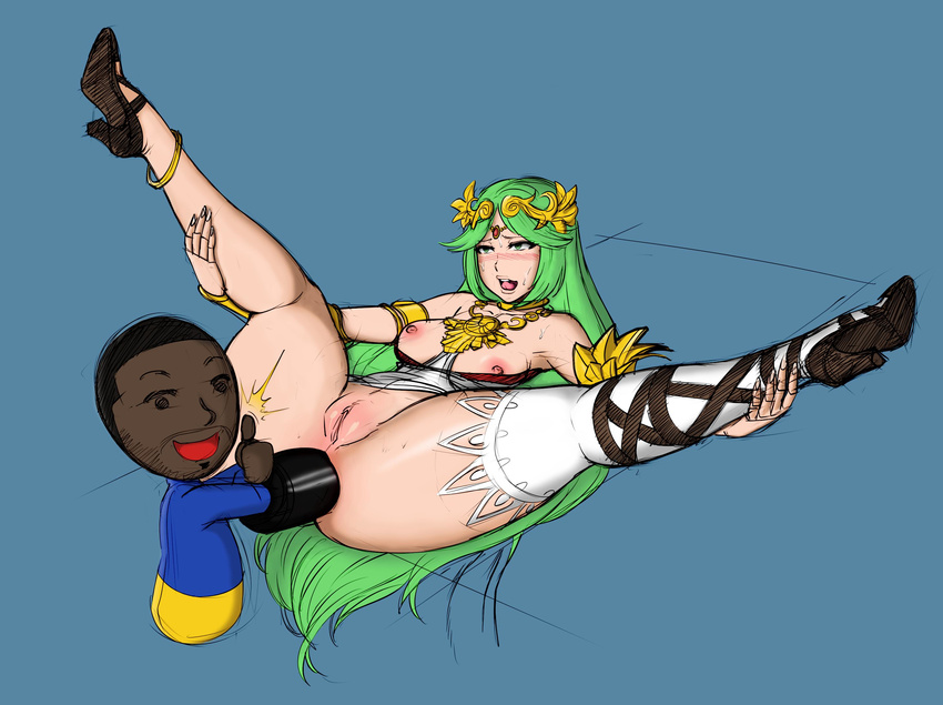 1girl anal anal_fisting anal_object_insertion anklet bottomless breasts collaboration colorized dark_skin fisting green_eyes green_hair hetero highres interracial jewelry kid_icarus kid_icarus_uprising lm_(legoman) long_hair mii_(nintendo) necklace nipples object_insertion otakubrawler palutena pumps pussy ribbon single_thighhigh solo_focus spread_legs super_smash_bros. sweat thigh_ribbon thighhighs thumbs_up very_long_hair white_legwear