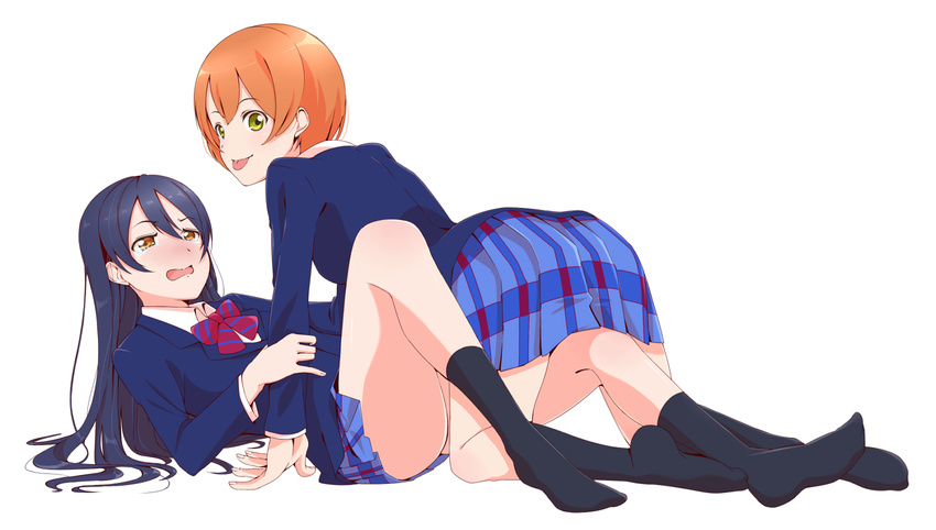 bangs blazer blue_hair blue_jacket bow bowtie commentary_request egooo hair_between_eyes hoshizora_rin jacket long_hair looking_at_viewer love_live! love_live!_school_idol_project multiple_girls navy_blue_legwear no_shoes open_mouth orange_hair otonokizaka_school_uniform plaid plaid_skirt pleated_skirt red_neckwear school_uniform shirt short_hair simple_background skirt sonoda_umi striped striped_neckwear tearing_up tongue tongue_out white_background white_shirt yellow_eyes