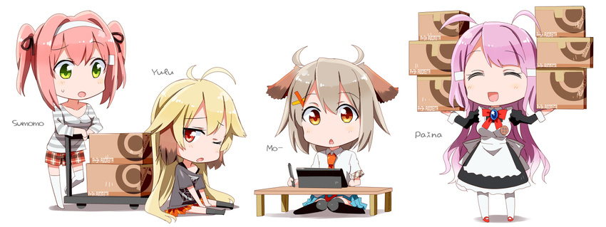 :d ;o ^_^ ahoge animal_ears black_legwear blonde_hair bow box brown_eyes carrying casual chestnut_mouth chibi closed_eyes desk dog_ears gochou_(atemonai_heya) green_eyes grey_hair hair_bow hair_ornament hair_ribbon hairband hairclip long_hair multiple_girls one_eye_closed open_mouth original pink_hair plaid plaid_skirt pleated_skirt red_eyes ribbon short_hair sitting skirt smile sweat thighhighs twintails waitress white_legwear zettai_ryouiki