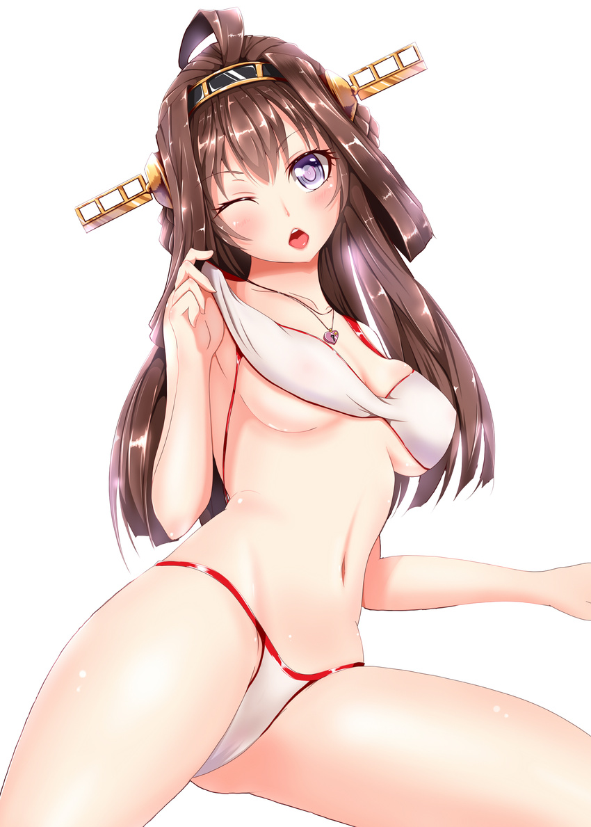 absurdres ahoge bikini_lift blue_eyes breasts brown_hair hairband head_tilt headgear heart heart-shaped_lock heart_lock_(kantai_collection) heart_necklace highres jewelry kantai_collection kongou_(kantai_collection) long_hair medium_breasts navel necklace niwata open_mouth solo swimsuit underboob white_background