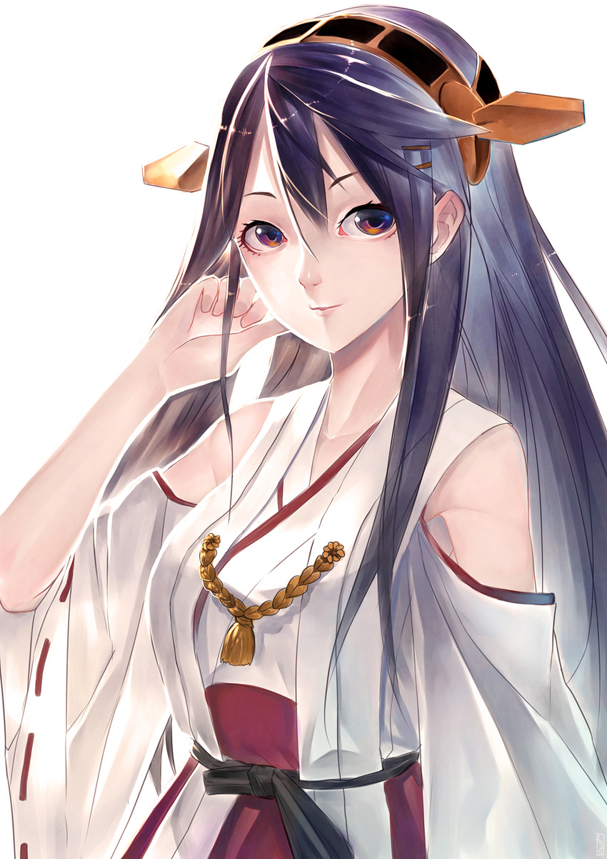 black_hair brown_eyes detached_sleeves hair_ornament hairband hairclip haruna_(kantai_collection) highres japanese_clothes jun_project kantai_collection long_hair nontraditional_miko smile solo