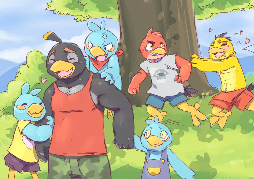 ambiguous_gender angry angry_birds anthro avian bandanna barefoot bird bush child clothing cloud cute eyes_closed father gay grass green_eyes happy hill leaf male open_mouth orange_eyes overalls parent park running shirt shorts sky sleeveless_shirt slugsdog topless tree young
