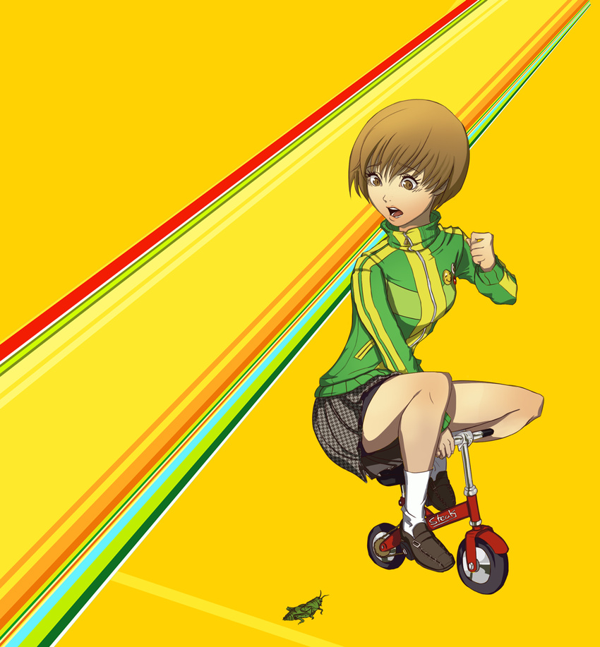 bicycle brown_eyes brown_hair bug grasshopper green_jacket ground_vehicle highres houndstooth insect jacket loafers miniature persona persona_4 riding satonaka_chie scared school_uniform shoes short_hair skirt socks solo track_jacket unsomnus