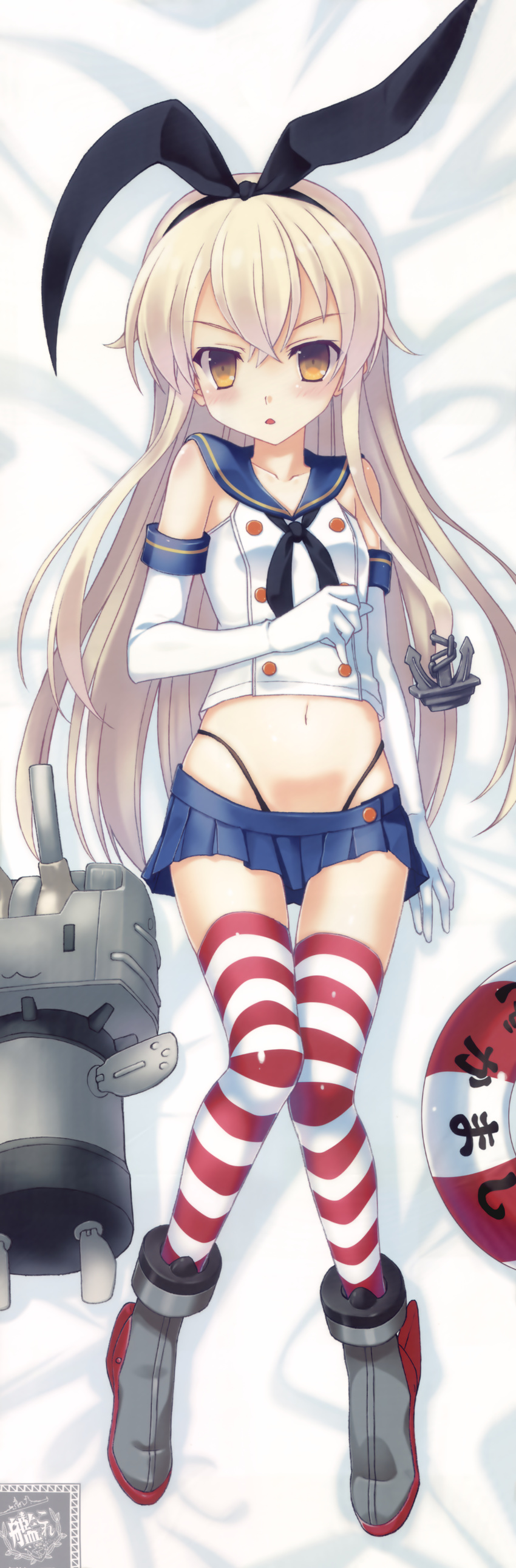 absurdres anchor anchor_hair_ornament black_panties blonde_hair dakimakura elbow_gloves gloves hair_ornament hair_ribbon highleg highleg_panties highres huge_filesize kantai_collection knees_together_feet_apart lifebuoy long_hair microskirt nanao_naru panties red_legwear rensouhou-chan ribbon school_uniform serafuku shimakaze_(kantai_collection) shirt shoes skirt sleeveless sleeveless_shirt solo striped striped_legwear thighhighs underwear white_gloves yellow_eyes