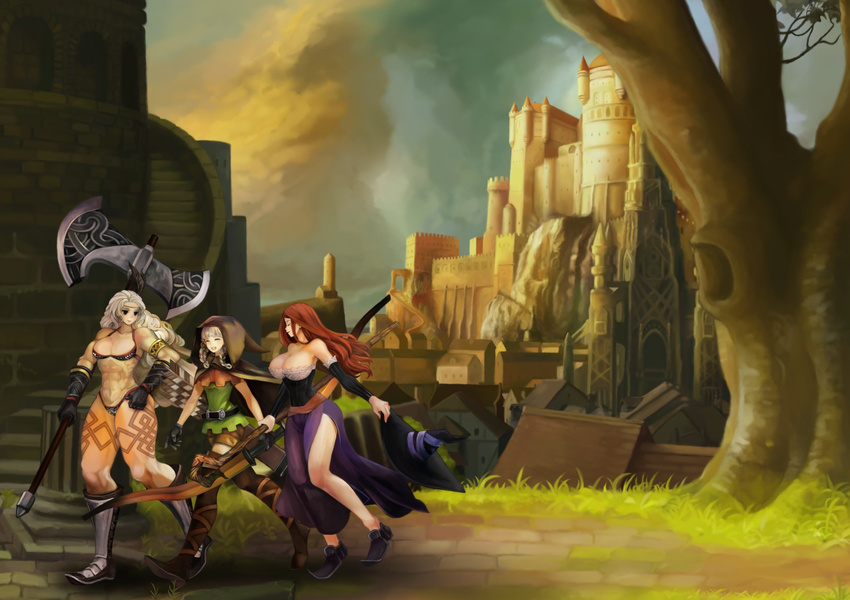 abs amazon_(dragon's_crown) axe bad_id bad_pixiv_id blonde_hair boots bow_(weapon) breasts cleavage curly_hair dragon's_crown elf_(dragon's_crown) gloves happy highres hood hoodie huge_breasts long_hair multiple_girls muscle muscular_female smile sorceress_(dragon's_crown) staff suu_(engawazzz) thick_thighs thighs weapon