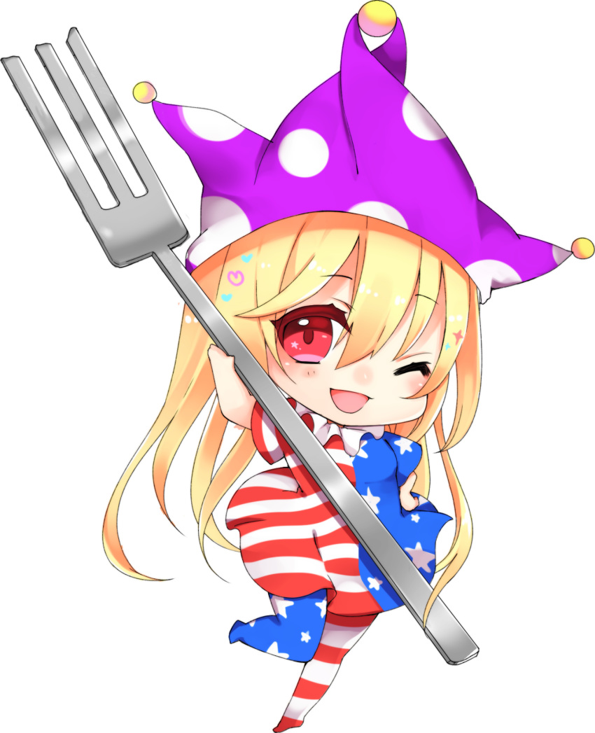;d american_flag_dress american_flag_legwear arm_up bangs blonde_hair blue_dress blue_legwear blush breasts chibi clownpiece commentary_request dress eyebrows_visible_through_hair fork full_body hair_between_eyes hand_on_hip hat heart highres holding holding_fork jester_cap leg_up long_hair looking_at_viewer natsuki_(ukiwakudasai) neck_ruff no_shoes one_eye_closed open_mouth pantyhose polka_dot polka_dot_hat purple_hat red_dress red_eyes red_legwear short_sleeves simple_background small_breasts smile solo star star_print striped striped_dress striped_legwear thighs touhou white_background white_dress white_legwear