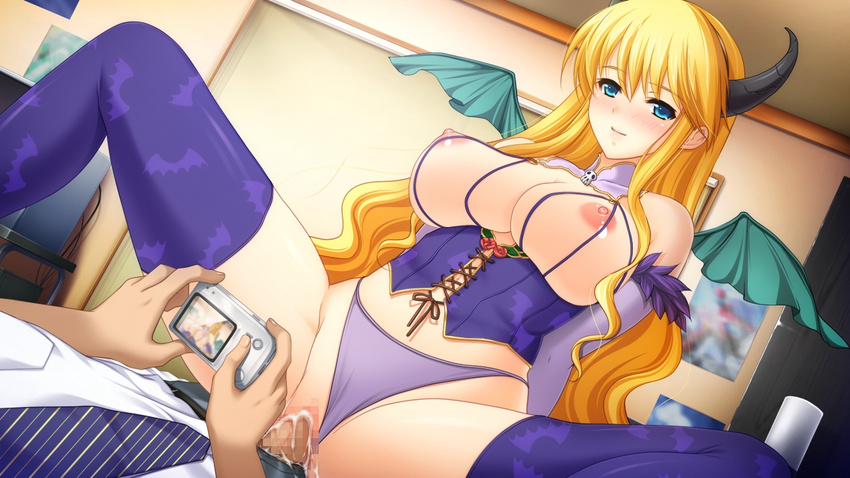 1girl animal_print bare_shoulders bat_print blonde_hair blue_eyes blush breasts camera censored corset cum cum_in_pussy demon_horns demon_wings detached_collar elbow_gloves fake_horns fake_wings gakuen_taima game_cg girl_on_top gloves hetero hijirigaoka_lisa horns koizumi_amane large_breasts long_hair looking_at_viewer mosaic_censoring necktie nipples panties panties_aside penis picture_(object) print_legwear purple_legwear purple_panties pussy room sex smile spread_legs taking_picture thighhighs underwear vaginal wings