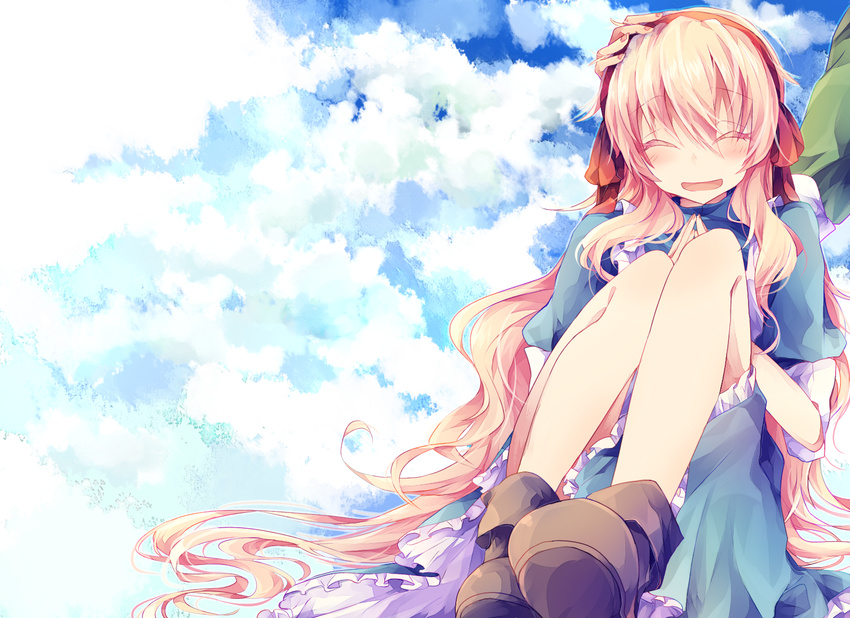 1girl bad_id bad_pixiv_id blonde_hair closed_eyes dress hair_ribbon highres kagerou_project kozakura_marry long_hair nyowaa417 ribbon seto_kousuke sky smile solo_focus very_long_hair