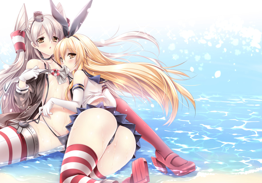 amatsukaze_(kantai_collection) ass black_panties blonde_hair blush brown_eyes elbow_gloves gloves hair_tubes hairband kantai_collection long_hair mouth_hold multiple_girls open_clothes open_mouth panties sakurano_tsuyu shimakaze_(kantai_collection) silver_hair sitting skirt striped striped_legwear thighhighs two_side_up underwear undressing white_gloves yuri