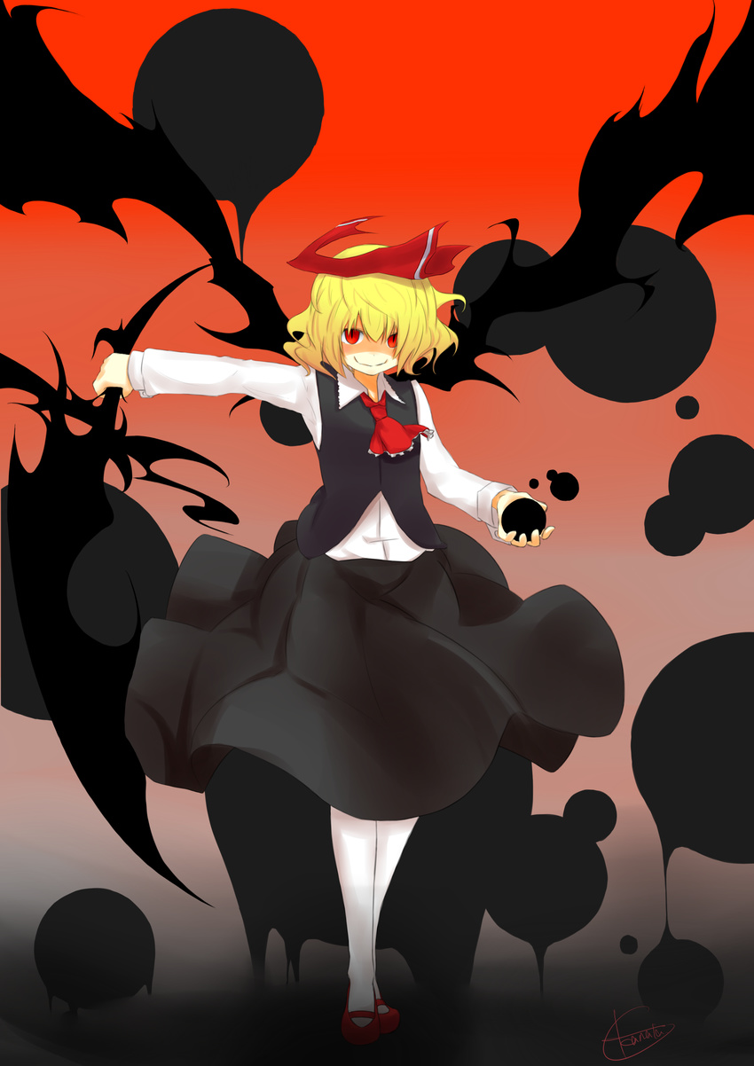 absurdres ascot blonde_hair blouse darkness ex-rumia gradient gradient_background grey_background highres kanata_(beyond_the_fields.) red_background red_eyes ribbon rumia shaded_face short_hair skirt slit_pupils smile solo touhou vest