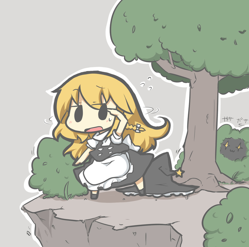 :3 apron bad_id bad_pixiv_id blonde_hair braid bush chibi cliff d: flying_sweatdrops hat hat_removed headwear_removed hiding highres kirisame_marisa long_hair open_mouth puffy_short_sleeves puffy_sleeves searching short_sleeves single_braid solid_circle_eyes star star-shaped_pupils symbol-shaped_pupils touhou tree turtleneck waist_apron witch_hat yuasan