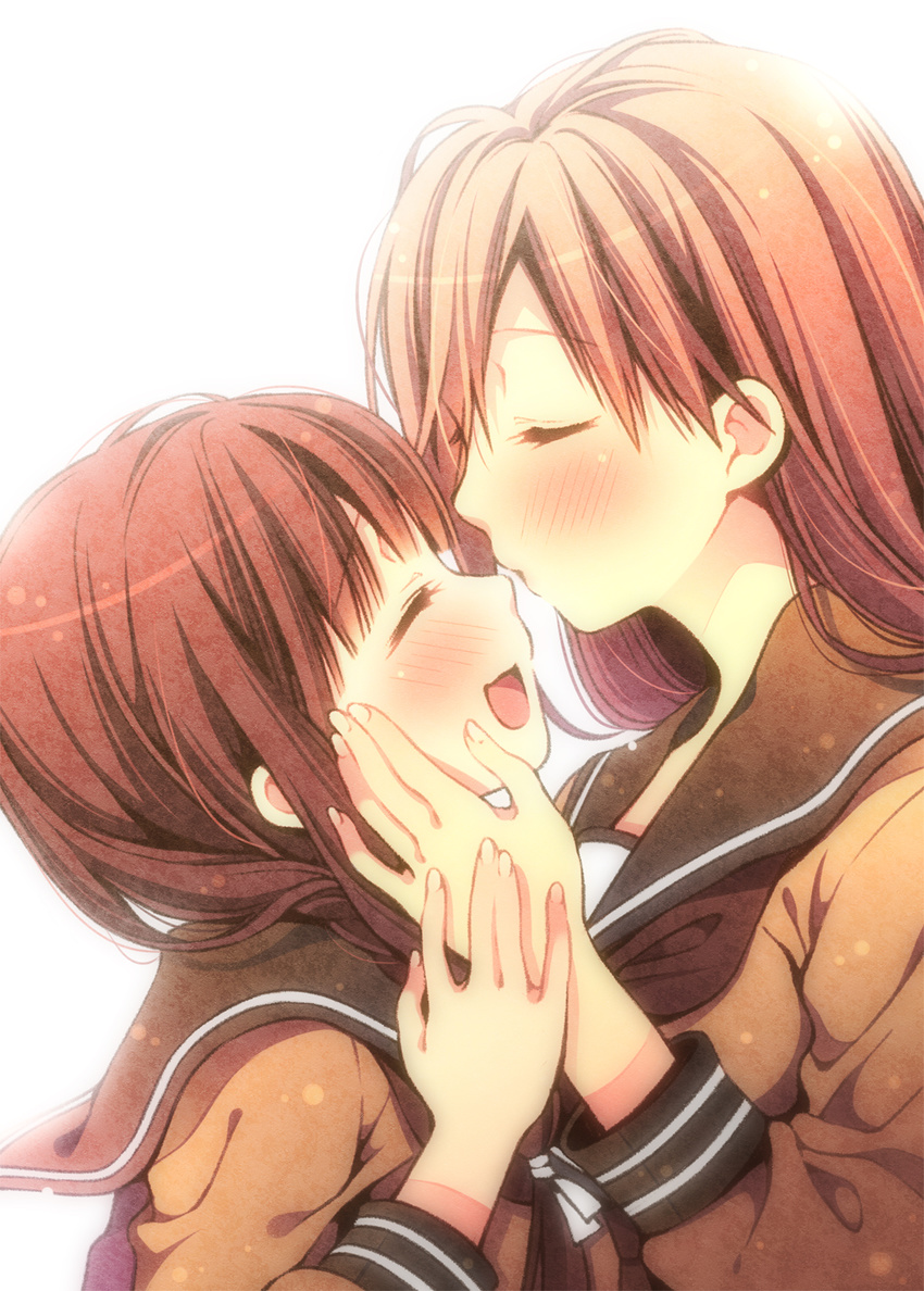 black_hair blush brown_hair closed_eyes hand_on_another's_cheek hand_on_another's_face highres kantai_collection kiss kitakami_(kantai_collection) long_hair march-bunny multiple_girls nose_kiss ooi_(kantai_collection) open_mouth school_uniform serafuku smile yuri
