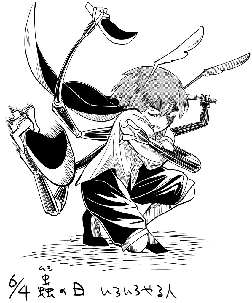 absurdres antennae bad_id bad_pixiv_id cape clenched_teeth dated fighting_stance greyscale highres iroiro_yaru_hito knife monochrome multiple_arms short_hair shorts simple_background sketch solo squatting sword teeth touhou weapon white_background wriggle_nightbug