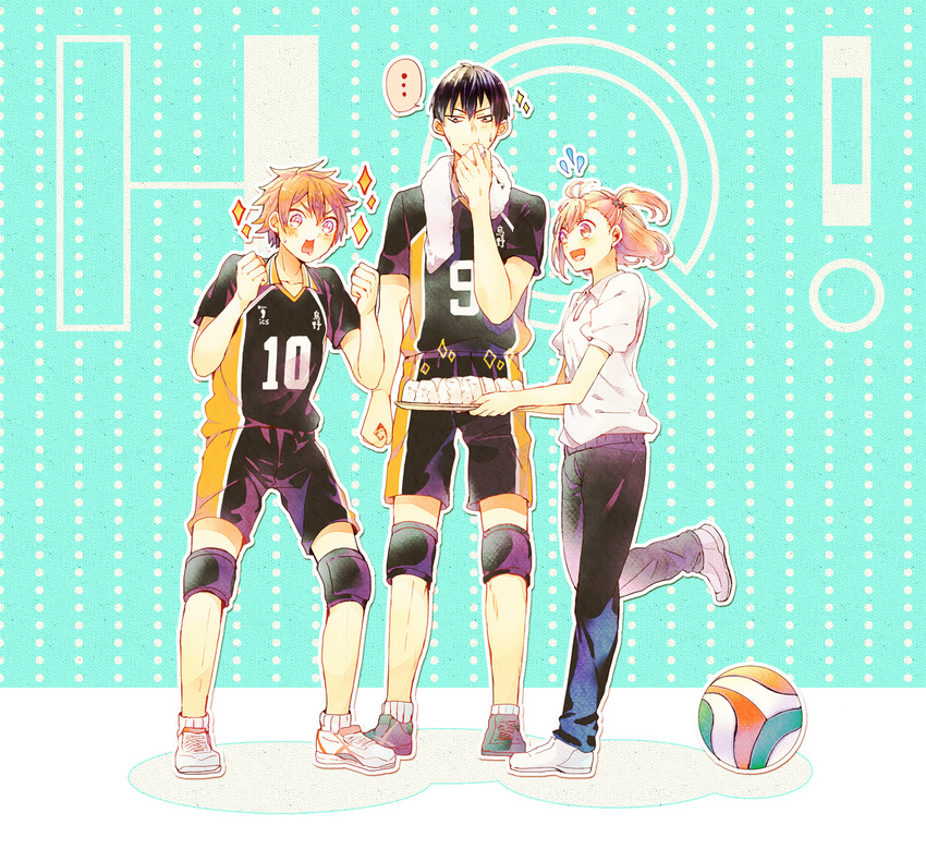 2boys black_hair blonde_hair brown_hair food haikyuu!! highres hinata_shouyou kageyama_tobio kama_(satoyan) multiple_boys onigiri short_hair side_ponytail sportswear towel towel_around_neck yachi_hitoka