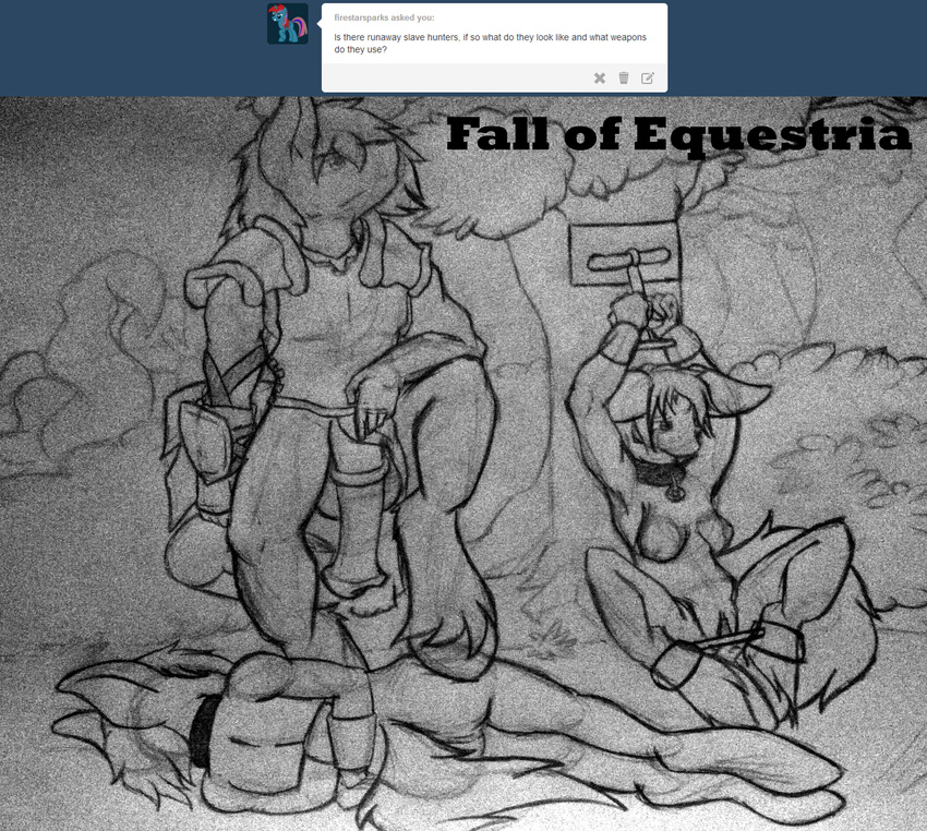 2014 animal_genitalia anthro anthrofied armor big_penis black_and_white bound breasts bush collar earth_pony equine fall_of_equestria female group hair horse horsecock male mammal matsumoto-masato monochrome my_little_pony nipples nude outside penis pony pussy shackles sitting sketch slave tree tumblr