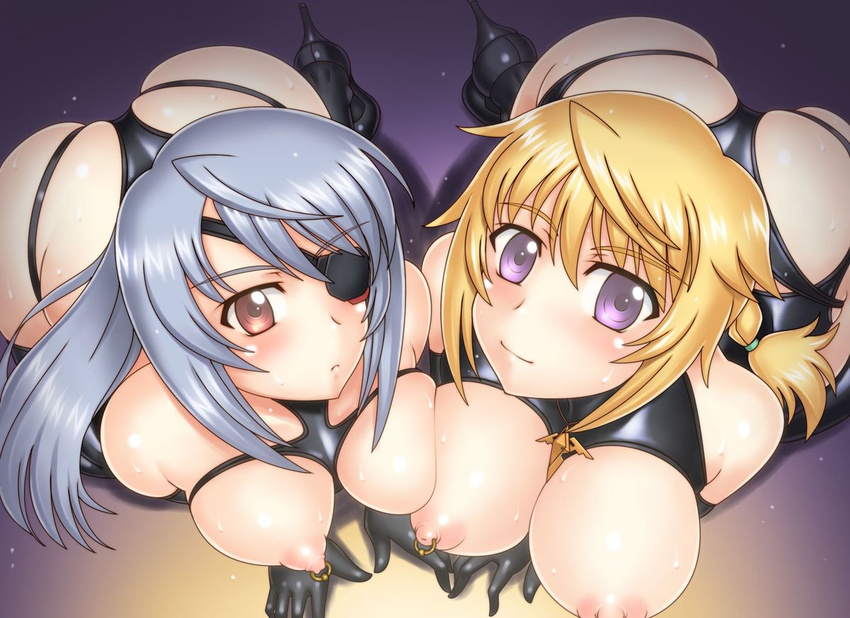 all_fours bdsm blonde_hair breasts brown_eyes charlotte_dunois eyepatch infinite_stratos large_breasts laura_bodewig long_hair looking_at_viewer multiple_girls nipple_piercing nipples piercing purple_eyes silver_hair smile yasuomi