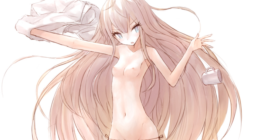 bad_id bad_pixiv_id blue_eyes breasts buran_(kure) highres long_hair nipples original shirt_removed silver_hair sketch small_breasts solo string_panties topless very_long_hair