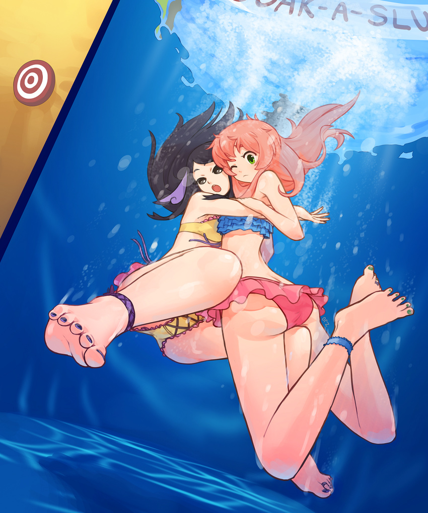 anklet barefoot bikini crossover dunk_tank feet gym_leader jewelry jinrui_wa_suitai_shimashita mache_(pokemon) pokemon splash splashing swimsuit toe_ring toes watashi_(jintai) yuri