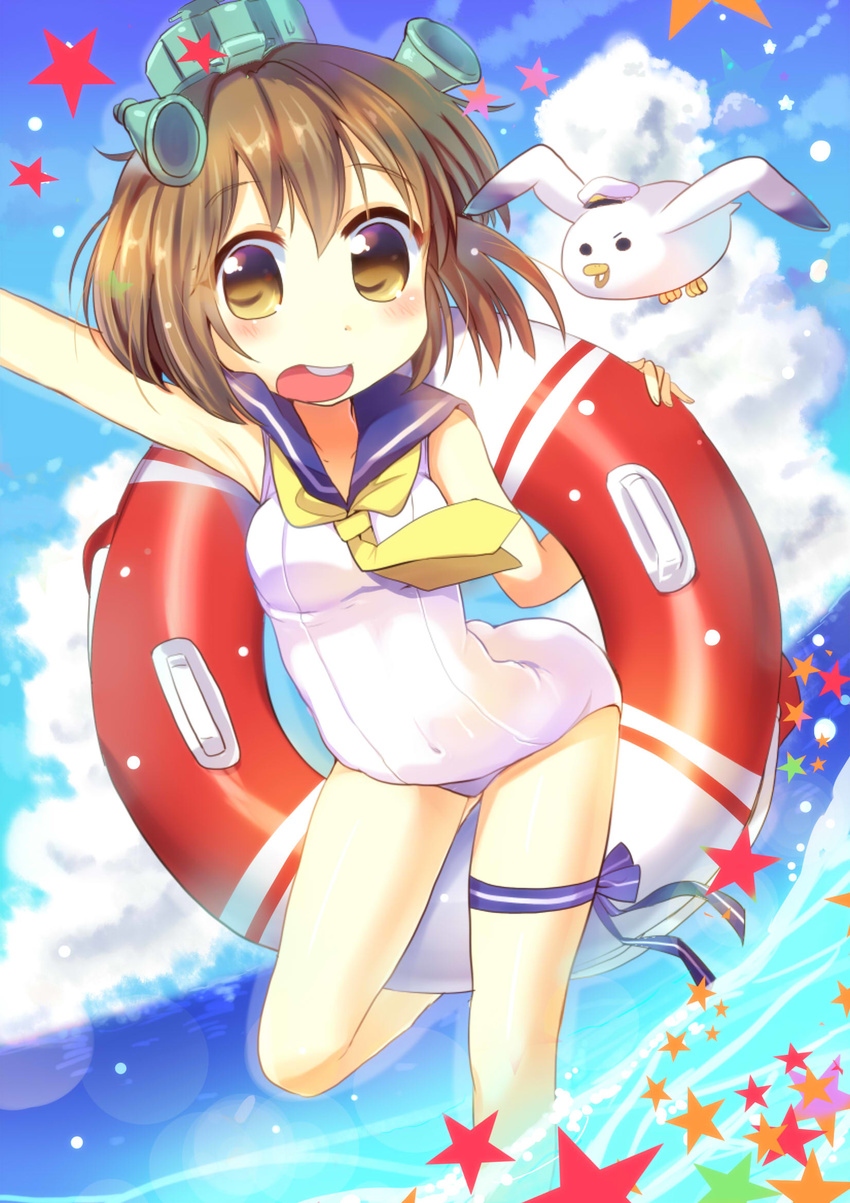 adapted_costume bangs bird brown_eyes brown_hair cloud day highres innertube kantai_collection nontraditional_school_swimsuit one-piece_swimsuit open_mouth outdoors sailor_collar sailor_one-piece_swimsuit school_swimsuit seagull short_hair sky solo swimsuit tatsunokosso white_school_swimsuit white_swimsuit yukikaze_(kantai_collection)