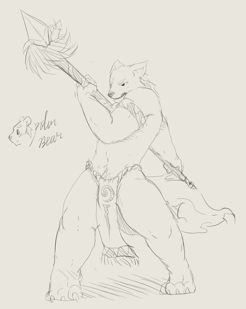 big_muscles claws clothing eyebrows kemono loincloth male monochrome muscles plain_background polearm sketch solo spear standing stevenlew topless weapon white_background