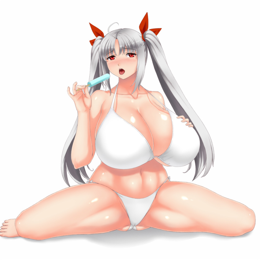 1girl blush bra breasts cleavage collarbone feet female food hair_ribbon hand_on_own_chest huge_breasts ice_cream kinoko_(mira2525) long_hair long_twintails navel open_mouth panties red_eyes ribbon shiny shiny_skin silver_hair sitting spread_legs thighs toes tongue tongue_out twintails underwear