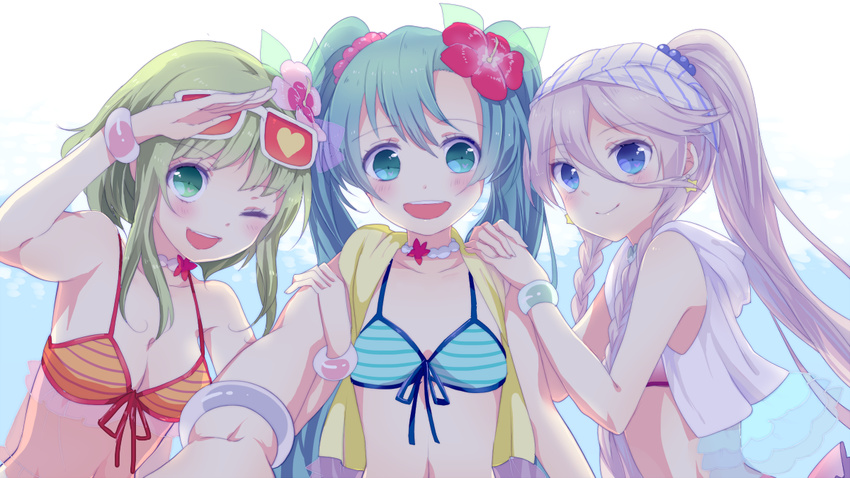 aqua_hair ayase_eli ayase_eli_(cosplay) bangle bikini blue_eyes bracelet braid cosplay eyewear_on_head flower girl_sandwich green_eyes green_hair gumi hair_flower hair_ornament hatsune_miku hibiscus ia_(vocaloid) jewelry kousaka_honoka kousaka_honoka_(cosplay) long_hair love_live! love_live!_school_idol_project multiple_girls natsuiro_egao_de_1_2_jump! nishikino_maki nishikino_maki_(cosplay) one_eye_closed sandwiched shiki_hinako short_hair silver_hair striped striped_bikini sunglasses swimsuit twin_braids twintails vocaloid