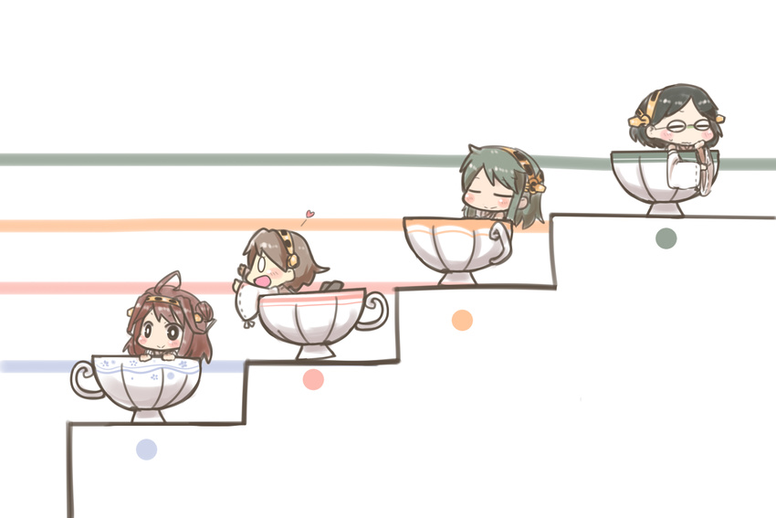 ahoge black_eyes black_hair blush_stickers brown_hair chibi closed_eyes cup detached_sleeves glasses hairband haruna_(kantai_collection) heart hiei_(kantai_collection) inishie japanese_clothes kantai_collection kirishima_(kantai_collection) kongou_(kantai_collection) multiple_girls open_mouth sweatdrop teacup wavy_mouth wide_sleeves