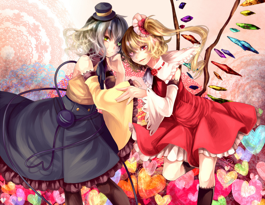 adapted_costume bad_id bad_pixiv_id black_legwear blonde_hair blue_skirt detached_sleeves doily dress eyeball flandre_scarlet flower frilled_skirt frilled_sleeves frills green_eyes hat heart heart_background heart_of_string kneehighs komeiji_koishi long_hair long_skirt looking_at_viewer mini_hat mini_top_hat multicolored multicolored_background multiple_girls one-eyed pantyhose red_dress red_eyes rose short_hair side_ponytail silentdin skirt smile smirk standing standing_on_one_leg string top_hat touhou wide_sleeves wings