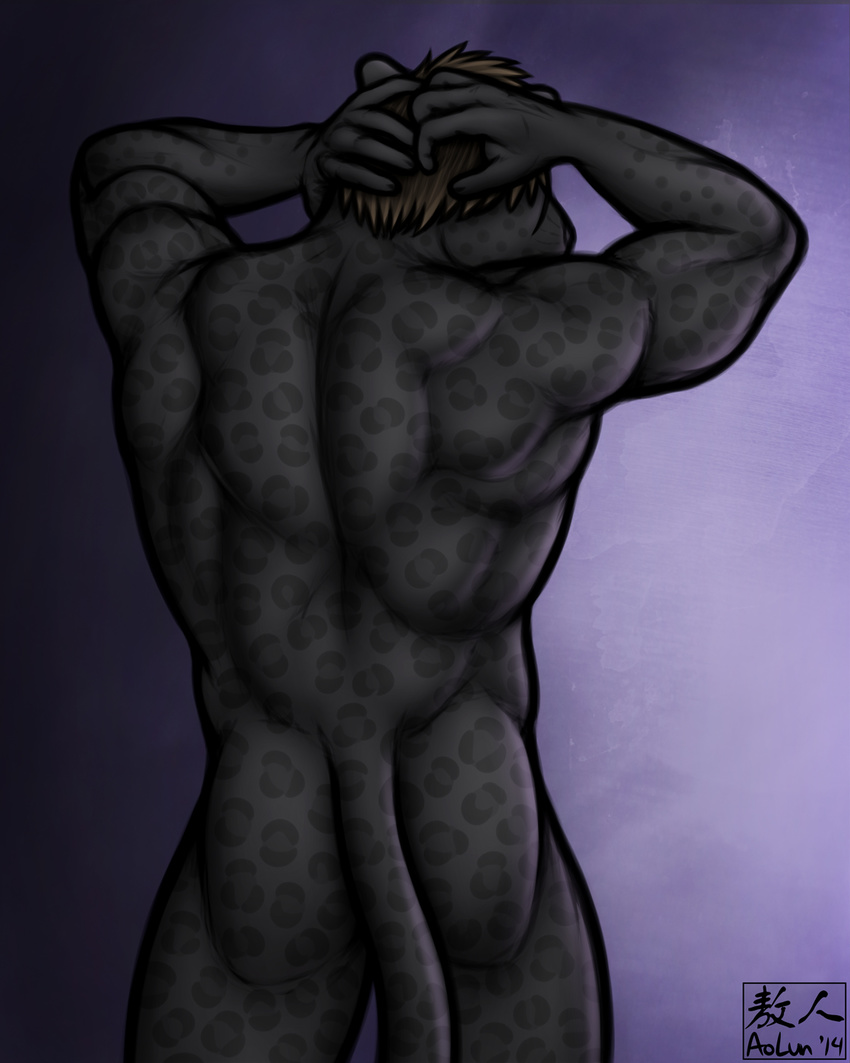 anthro aolun back black_fur black_panther body_markings butt feline fur hair leopard male mammal markings muscles nude panther plain_background pose solo spots toned