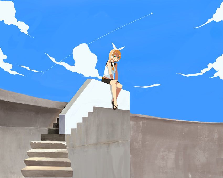 blonde_hair cloud day highres kagamine_rin nanora sandals short_hair sitting sky solo stairs vocaloid