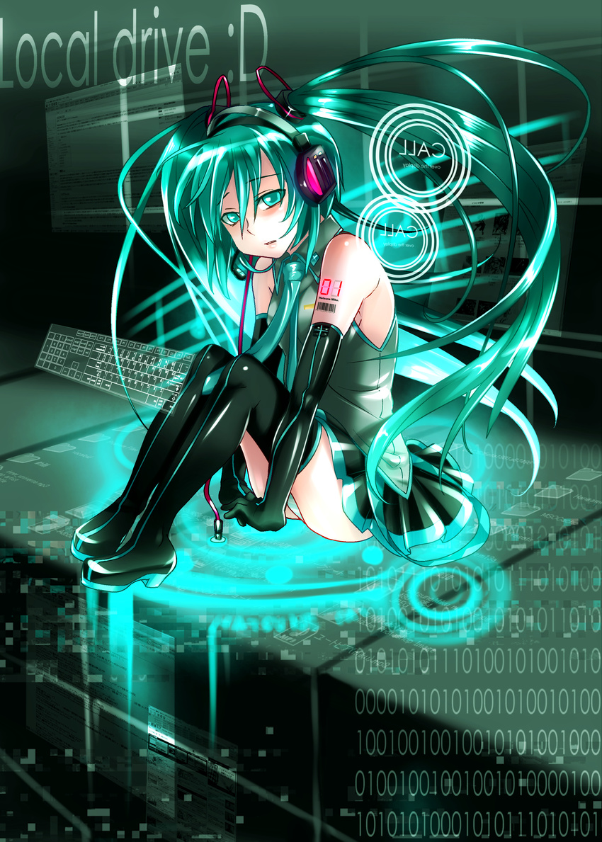 absurdres aqua_eyes aqua_hair binary caffein elbow_gloves gloves hatsune_miku headphones highres long_hair necktie niconico panties pantyshot pixiv sitting skirt solo thighhighs twintails underwear vocaloid wikipedia