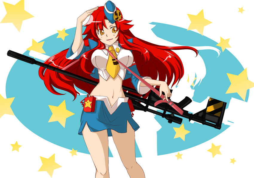 anti-materiel_rifle cropped_jacket garrison_cap gun hat long_hair midriff miniskirt mishiyomi_kazumi navel necktie pieces_of_sweet_stars red_hair rifle salute side_slit skirt skull smile sniper_rifle solo star tengen_toppa_gurren_lagann weapon yellow_eyes yoko_littner